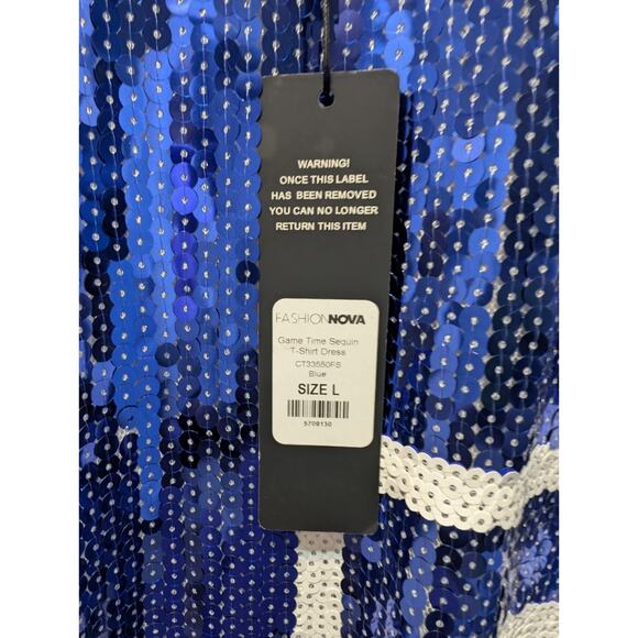 Fashion Nova Blue Sequins Jersey Game Time Party Shirt Dress Size L NWT! - Picture 2 of 10